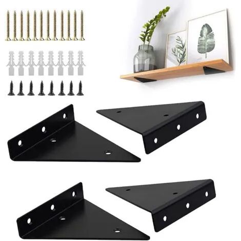 Ensemble de 4 supports muraux triangulaires invisibles pour étagères, supports métalliques robustes, supports d'étagère flottants pour bureau et jardin, noir, 2 paires (1/3)