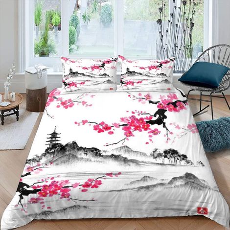 Parure de lit 135x200 cm,Motif fleurs de cerisier japonais,3 pièces,Impression 3D,Housse de couette 135x200 cm,Avec fermeture éclair,Pour l'été,En microfibre douce,Avec 2 taies d'oreiller de 80x80 cm (1/5)