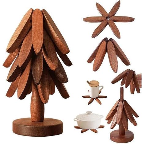 Dessous de plat pliable en bois de noyer avec support de rangement, dessous de plat de cuisine résistant à la chaleur pour casseroles, bols et théières chauds, Logg noyer, 4 supports (1/5)