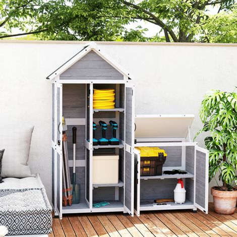 Casetta da giardino con armadietto contenitore, ripiani regolabili, ante con serratura, impermeabile, in legno di abete, grigio chiaro. (1/5)