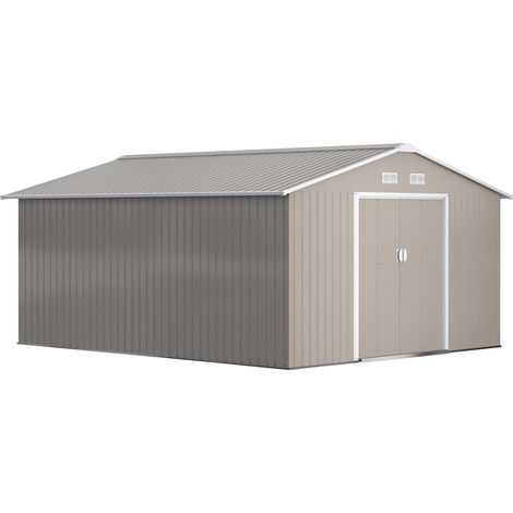 Abri de jardin métal 12,4 m² avec toit monopente, porte coulissante, fondation en acier galvanisé, gris charbon (1/5)