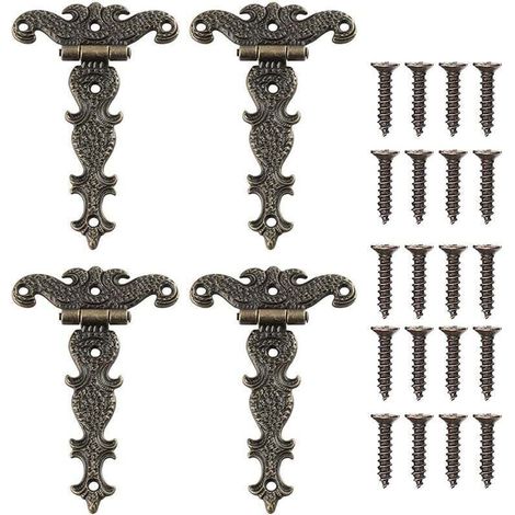 4 Pcs Charnières Vintage Décoratives Sculptées en Bronze Charnière Meubles en Forme de T pour Porte de Placard Boîte à Outils avec Vis (1/4)