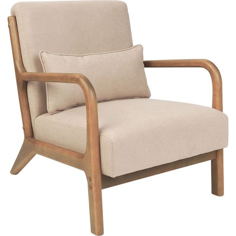 Poltrona classica retrò con braccioli e cuscino Gambe in legno di gomma Tessuto beige Skovde
