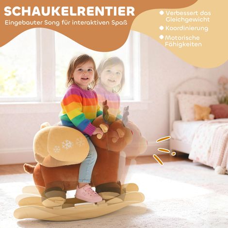 Cheval à bascule enfant, renne à bascule berceuse 18-36 mois, peluche marron 65x35x59 cm