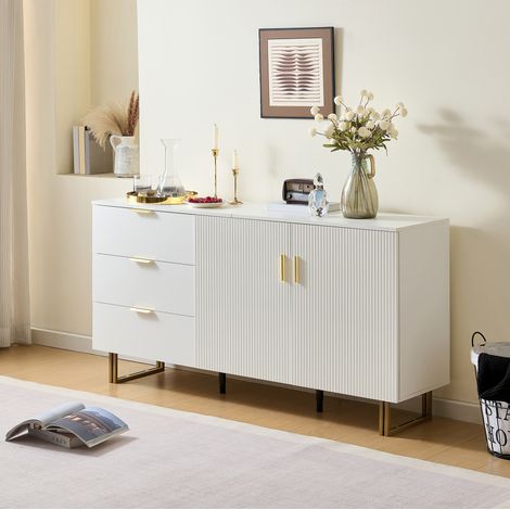 Buffet en MDF blanc 160 x 40 x 81,5 cm avec 2 portes et 3 tiroirs, poignées dorées en alliage d'aluminium (1/5)