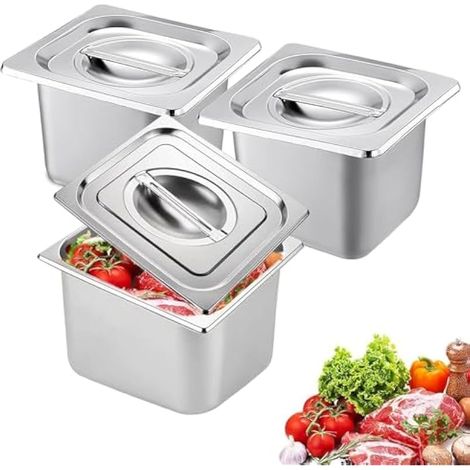 Lot De 3 Bac Inox Alimentaire, Récipients en Acier Inoxydable avec Couvercle, Plat Four Rectangulaire, Plats à Four en Acier Inoxydable, Récipient Gastronorme Alimentaire, 17,6 x 16,2 x 15 cm (1/5)