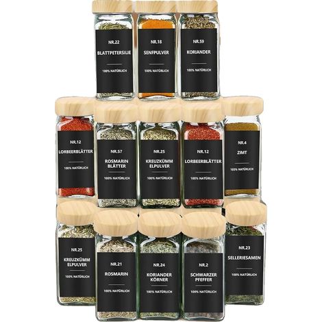 Barattoli per spezie, capacità 120 ml, vetro senza piombo, coperchi ermetici, design angolare salvaspazio, include 62 etichette impermeabili (1/5)