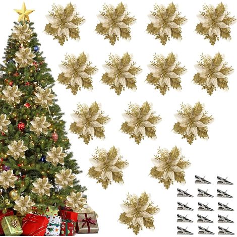 14 pièces Décoration de Noël Fleurs, Paillettes artificielles Décoration de Noël, Décorations de Fleurs de Noël, Pouces x 5.5, décoration Noël, fête (Dorée) (1/5)