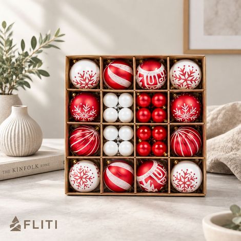 FLITI Set mit 44 Weihnachtskugeln, kreativ rot und weiß bemalt, Baumschmuck, Party (1/5)