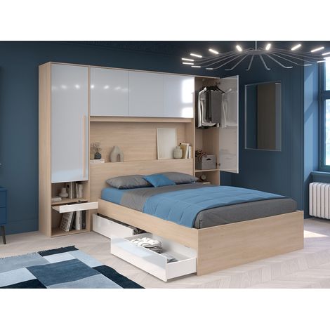 Lit pont 140 x 190 cm avec rangements - avec LEDs - Coloris : Naturel et blanc brillant + Sommier + Matelas - VELONA