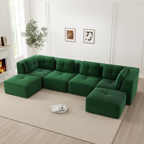 Canapé d'angle en U vert avec pouf, canapé modulaire sans cadre, style profond antidérapant, prêt à poser, aucun assemblage requis (1/4)