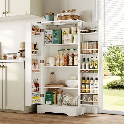 Eifson – Buffet blanc 60x35x128,5 cm – Éclairage LED intégré – 2 portes battantes – Étagères réglables – Style campagnard moderne (1/5)