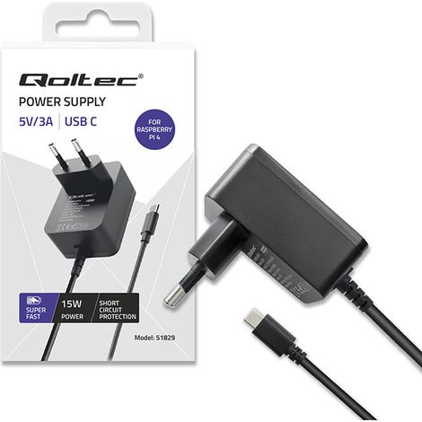 Qoltec Super FAST PD-Ladegerät für Raspberry PI 4 USB-C 15 W 5 V 3 A Schwarz (1/5)