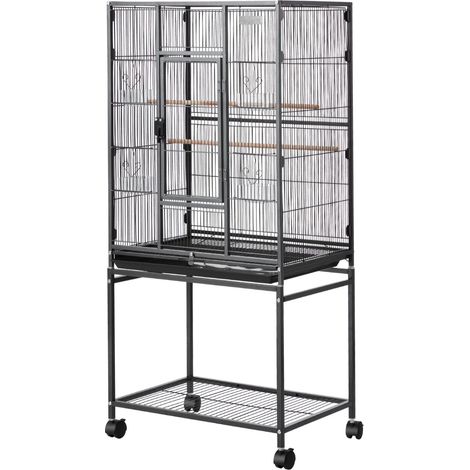 Cage à oiseaux 625 x 425 x 1370 mm, toit plat, fer forgé, avec perchoirs, tiroir coulissant et mangeoires en plastique, roulettes, pour perroquet, mésange, calopsitte, canari, perruche, conure. (1/5)