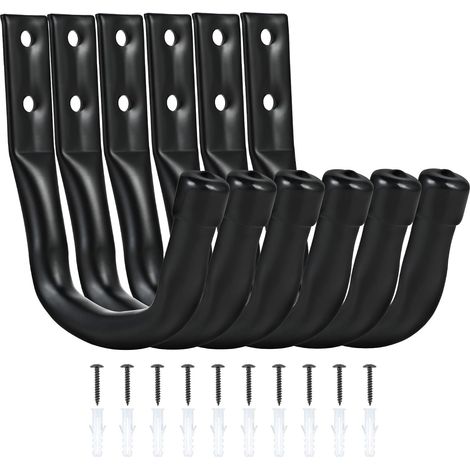 Set di 6 ganci da parete per garage, ganci robusti per appendere oggetti, supporti a parete per biciclette, scale, attrezzi da giardino, tubi, con viti e tasselli, colore nero.