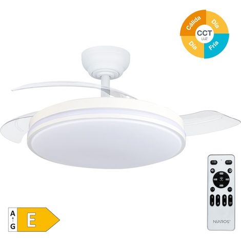 Ventilador techo Bayat con luz CCT regulable y mando Ø107 3 aspas retráctiles DC Blanco