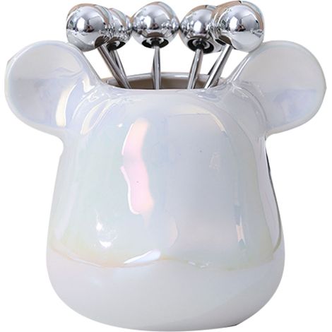 Pot à couverts fruits, forme animale mignonne en céramique, support à fourchettes avec 6 fourchettes en acier inoxydable pour cuisine, base tête d'ours blanc nacré (1/5)