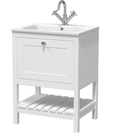 Coppenhall Contemporary 1 Drawer Floor Standing Vanity Unit with Stone Basin, Pure White, 600mm