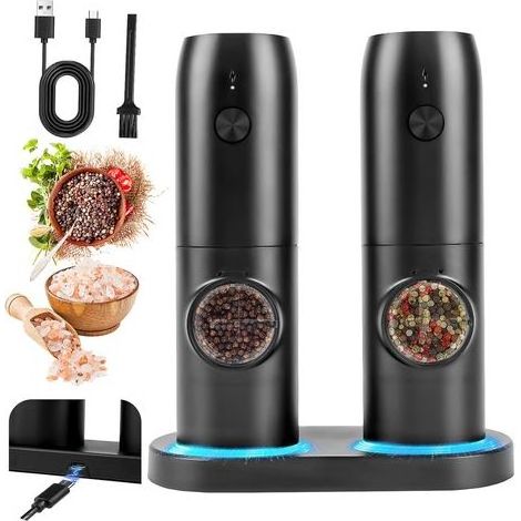 Electric pepper mill set, 2-pack electric salt and pepper mills with rechargeable base station, white LED lighting, ideal for grinding at barbecues and restaurants (1/5)