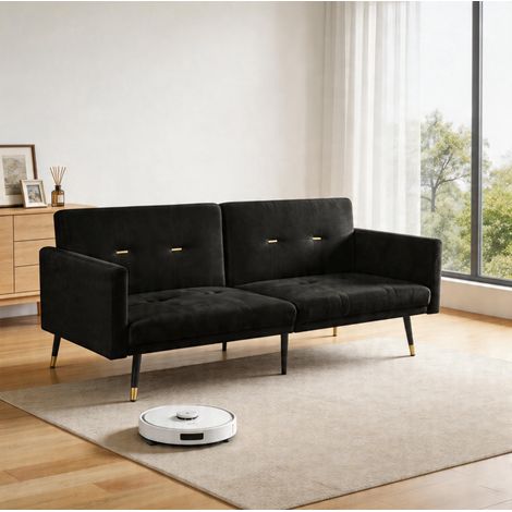 Canapé convertible 2 plazas de terciopelo negro con respaldos ajustables en 5 posiciones (1/5)
