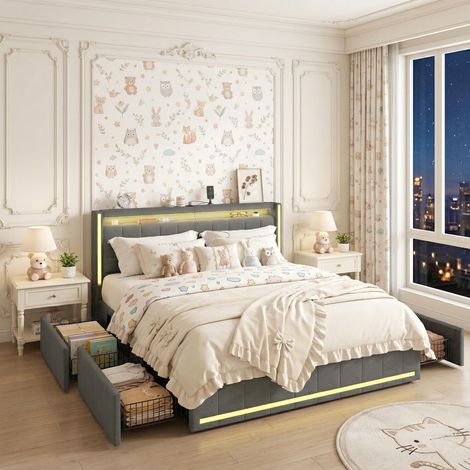Lit Double avec tiroirs 160x200 cm - Tête de Lit LED, USB & Type-C, Sommier à Lattes , Scandinave - Lin Gris (1/5)