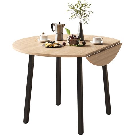 Table à manger ronde pliante 100 x 100 cm, 2 à 4 places, plateau rabattable, compacte pour petits espaces, MDF finition bois clair, pieds métal, CHICFURN (1/5)