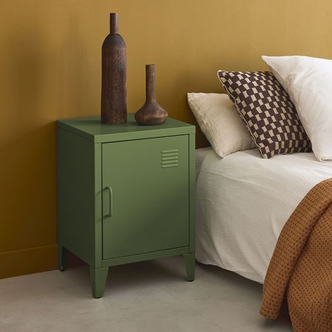 Table de chevet en acier kaki. 1 porte. casier. chambre enfant
