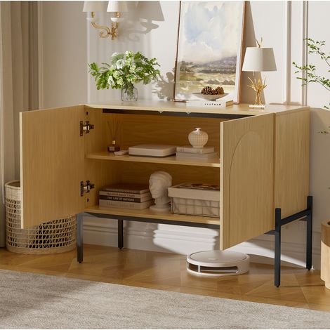 Aparador (100x40x75 cm), diseño arqueado moderno, 2 puertas, patas metálicas, tablero de partículas, natural (1/5)