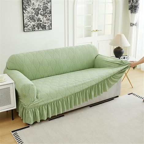 Housse de canapé très élastique avec jupe et volant pour canapés d'angle et en L (vert, 3 places) (1/5)