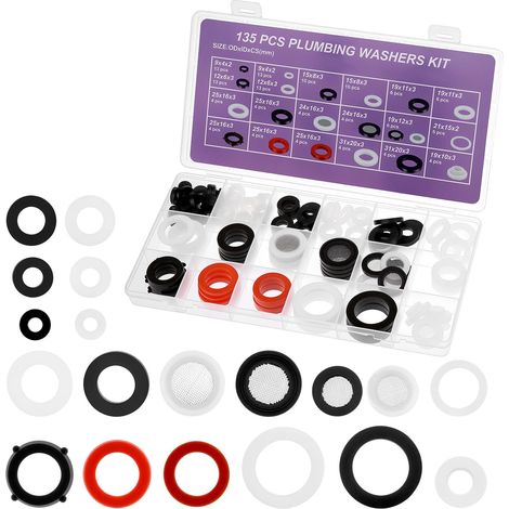 135 PCS ensemble de joints en caoutchouc sanitaires et assortiment de joints plats en silicone - pour réparation de robinets, douchettes et tuyaux de jardin. (1/5)