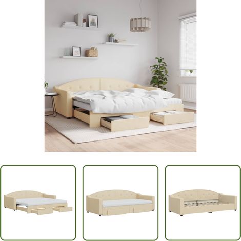 vidaXL Sofa-Bett - Tagesbett Ausziehbar mit Schubladen Creme 90x200 cm Stoff (1/5)
