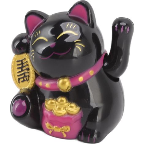 Chat porte-bonheur chinois décoratif à bras agité, lampe solaire à induction, figurine pour la maison ou la voiture, assis de côté, noir (1/5)