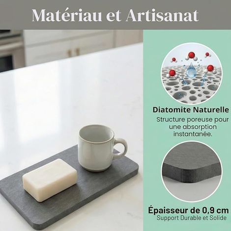Plateau en Pierre Absorbant l'eau pour Évier Diatomite sous Verre Carrés 8 x 8 cm et Rectangulaire 16 x 8 cm Porte Savon Dessous de Terre de Diatomées (1/3)