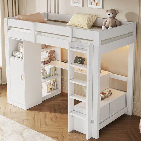 Cama alta 90x200 cm en madera blanca con escritorio, armario, almacenaje, LED y puertos USB (1/5)