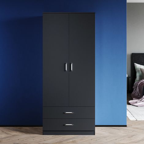 ELEGANT Soft Close Double 2 Doors Wardrobe with Shelves Bedroom Large Storage Wardrobe Includes Removable Hanging Rod Black