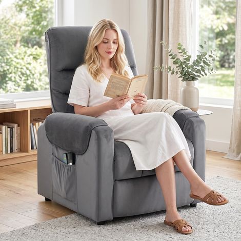 Fauteuil releveur électrique avec massage, vibration et chaleur, siège relaxant en velours gris anthracite, confort optimal pour salon. (1/5)