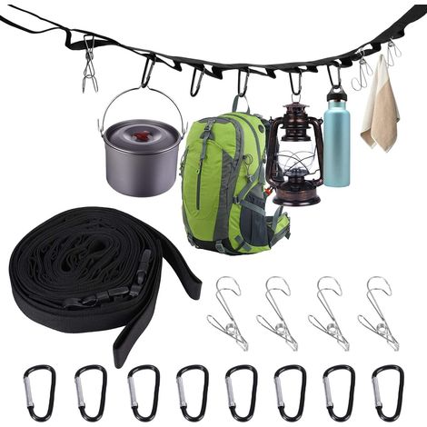 Camping storage strap, camping clothesline with 19 separate loops for hanging camping equipment, gear and supplies with carabiners and clothespins (1/5)