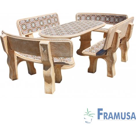 CONJUNTO COMEDOR PIEDRA OVALADO JARDIN OLIVO GOLTIS CON AZULEJOS OCRE