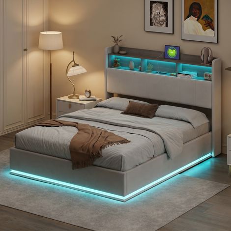 Lit 140x200 coffre, lit double, lit adulte en hydraulique, lit avec tête de rangement, avec LED et USB, Beige, Matelas non compris (1/5)