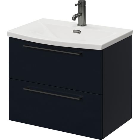 Napoli 390 Deep Blue 600mm Wall Mounted 2 Drawer Vanity Unit with Arc Basin - 600mm - Gunmetal Grey 320mm Handle