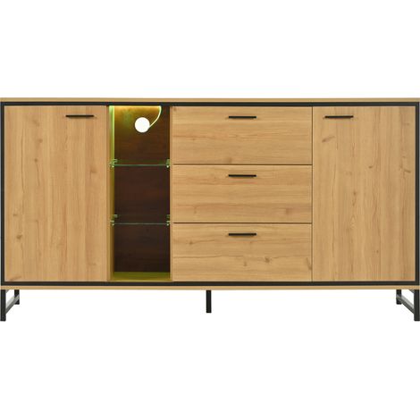 Buffet en bois naturel et noir avec 3 tiroirs, LED multifonctions et rangements ajustables (1/5)