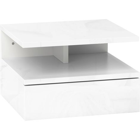 GagaTable de Chevet Suspendue avec Tiroir et Etagere Ouverte en Bois 35x32x22.5 cm Blanc (1/5)