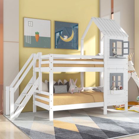 Liberté – Lit superposé enfant avec fenêtre et protection antichute – Cadre en pin blanc – Dimensions matelas 90x200cm – Escaliers latéraux sécurisés