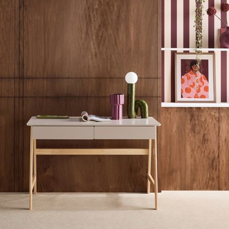 Bureau décor bois piétement bois d'hévéa 2 tiroirs naturel - Tommy (1/5)