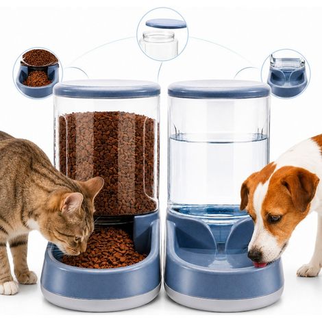 Distributore di acqua e cibo per cani e gatti, 2 in 1, per distribuire cibo e acqua al tuo animale domestico, con grande capacità e dosaggio preciso, atossico, facile da pulire, 3,8 litri, set, grigio (1/5)