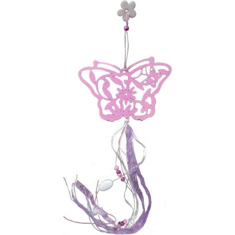 Mariposa de madera rosa con cintas y cuentas - Colgante decorativo