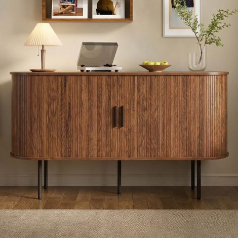 Buffet moderne en MDF avec portes à rideau, poignées en aluminium et pieds métalliques – Meuble de rangement polyvalent pour salon, salle à manger et intérieur contemporain