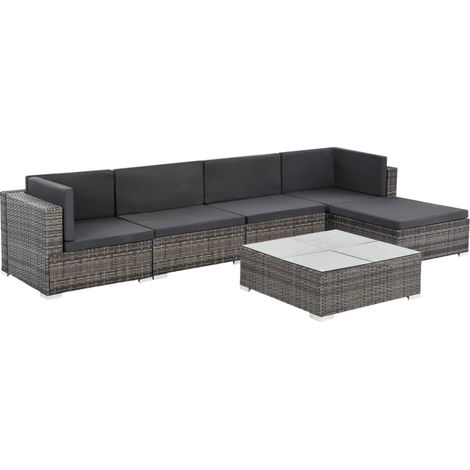 6-tlg. Garten-Lounge-Set mit Auflagen Poly Rattan Grau