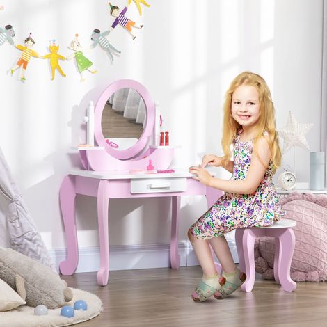 Ensemble coiffeuse pour enfants avec miroir, table et tabouret. 3-6 ans. Rose.