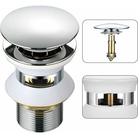 Piletta di scarico universale per lavabo da bagno con troppopieno automatico a scomparsa, apertura a pressione con clic, raccordo da 1-1/4", ottone cromato. (1/4)